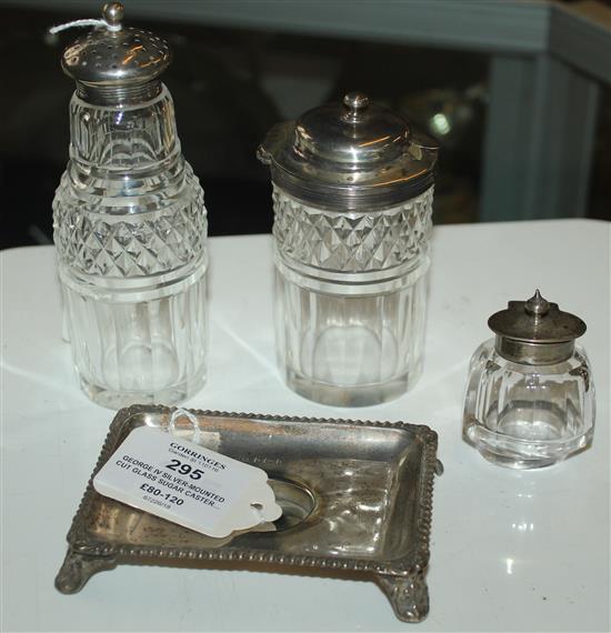 George IV silver-mounted cut glass sugar caster & preserve pot & a small silver inkstand with cut glass inkwell